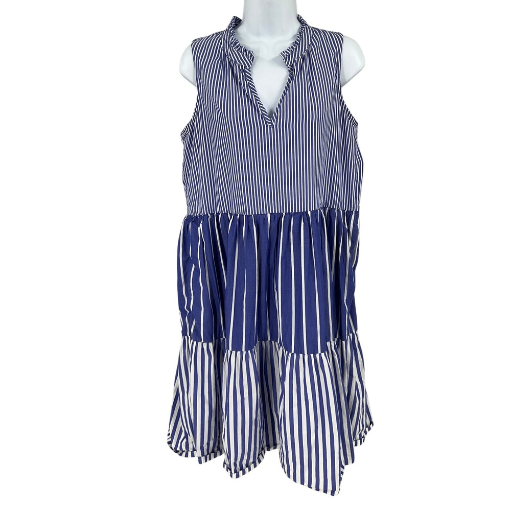 J.Crew Dress Womens S Blue Striped Tiered Ruffle V-Neck Sleeveless Coastal Boho